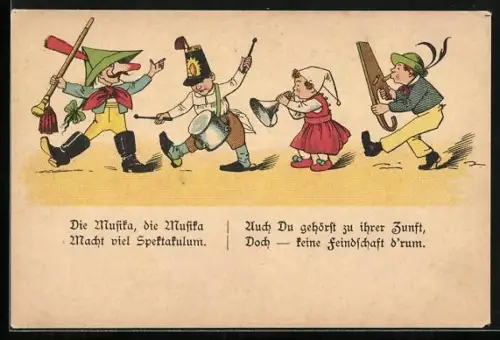 Lithographie Kinder mit Musikinstrumenten in Kostümen, früher Druck