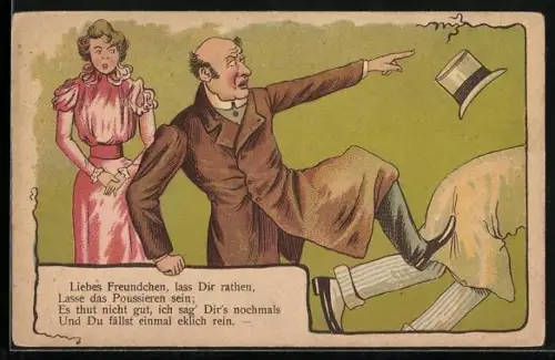 Lithographie Mann verjagt einen Herrn, Liebes Freundchen, lass Dir rathen, Lasse das Poussieren..., früher Druck