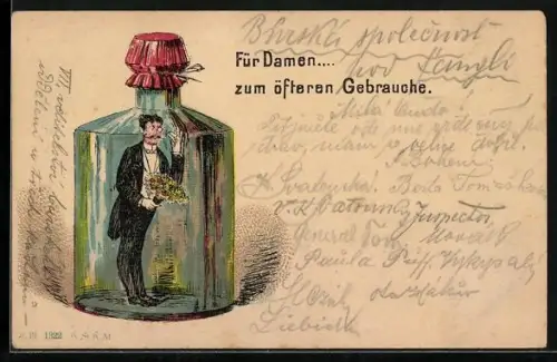 Lithographie Mann mit Blumenstrauss in einer Flasche, Für Damen... zum öfteren Gebrauche, früher Druck