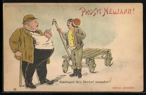 Lithographie Mann bietet einem Übergewichtigen einen Wagen an, Handwagerl für`s Bäucherl angenehm, früher Druck