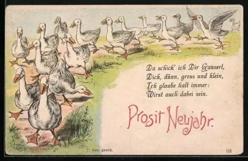 Lithographie Schnatternde Gänse laufen über eine Wiese, Da schick ich Dir Ganserl, Dick, dünn, gross..., früher Druck