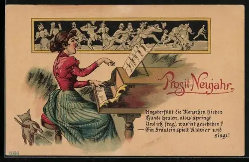 Lithographie Menschen rennen vor einer Frau am Klavier davon, früher Druck