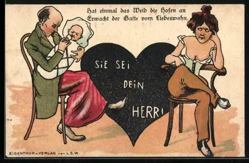 Lithographie Frau mit Hosen blickt zu ihrem Mann der einen Rock trägt, früher Druck