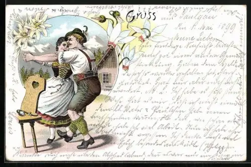 Lithographie Paar in Trachten tanzt zusammen