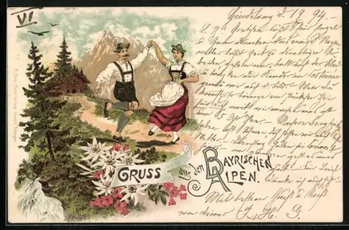 Lithographie Paar in Trachten der Bayrischen Alpen tanzt zusammen