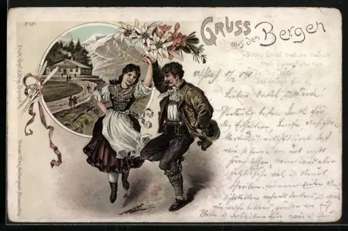 Lithographie Paar in Trachten tanzt, Bergpanorama