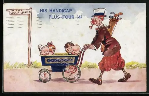 Künstler-AK Mann schiebt einen Kinderwagen mit vier Babies auf dem Weg zum Golfplatz