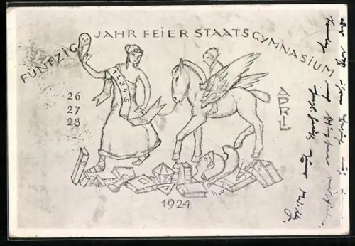 Künstler-AK Fünfzig Jahr Feier Staatsgymnasium 1924, Studenten mit Pegasus