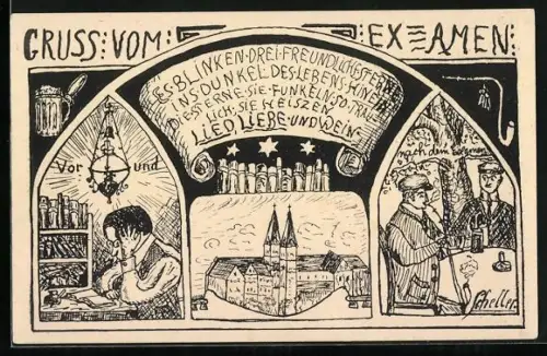 Künstler-AK Studenten vor und nach dem Examen