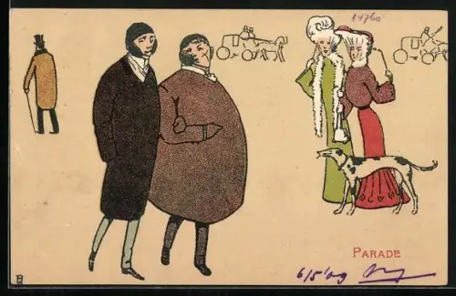 Künstler-AK Zwei Studenten laufen an zwei Damen mit Hund vorbei