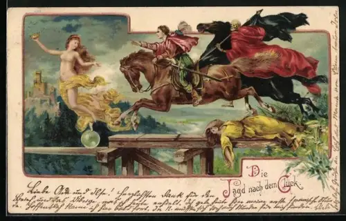 Künstler-AK Die Jagd nach dem Glück, Allegorie, Glücksjäger wird vom Tod verfolgt