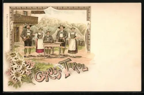 Lithographie Musiker in Tracht an einer Berghütte in den Bayrischen Alpen