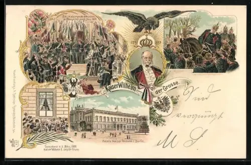 Lithographie Berlin, Palais, Kaiser Wilhelm I., Die Kaiserproklamation zu Versailles, 1871, Wappen