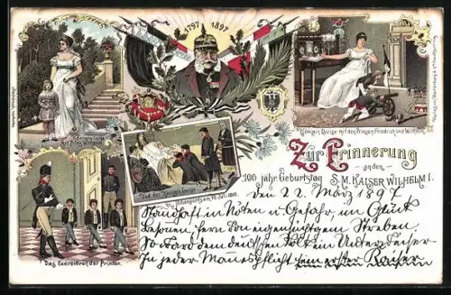 Lithographie Kaiser Wilhelm I., Königin Luise von Preussen mit Prinz Wilhelm, Tod der Königin Luise