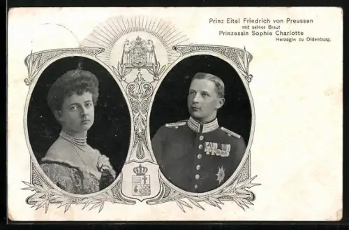 AK Prinz Eitel Friedrich von Preussen mit seiner Braut Sophie Charlotte, Herzogin zu Oldenburg