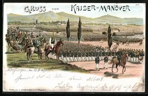 Lithographie Kaisermanöver, Kaiser nimmt eine Parade ab
