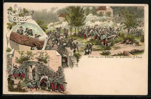 Lithographie Szene aus der Schlacht bei Gravelotte