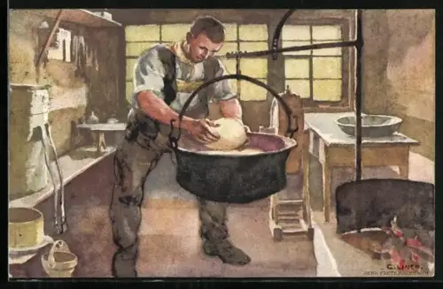 AK Schweizer Bundesfeier 1. August 1920, Bäcker wiegt den Teig