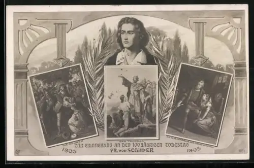 AK 100jähriger Todestag Friedrich Schiller, 1805-1905, Schiller-Szenen