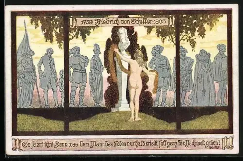 Künstler-AK Ernst Kutzer: Friedrich von Schiller 1759-1805, nackte Frau mit Blumengirlande am Denkmal