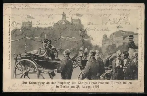 Lithographie Berlin, Empfang des Königs Victor Emanuel III. von Italien 1902
