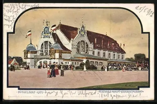 Künstler-AK Düsseldorf, Ausstellung 1902, Festhalle mit Haupt-Bierrerstaurant