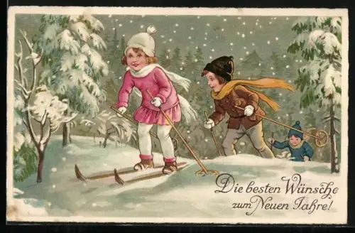 AK Kinder auf Skiern bei Schneefall, Neujahrsgruss