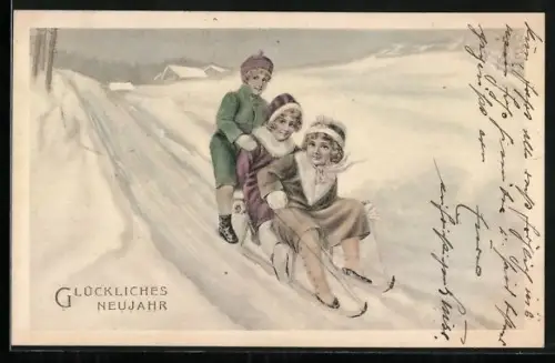 Künstler-AK Glückliches Neujahr!, Kinder fahren Schlitten