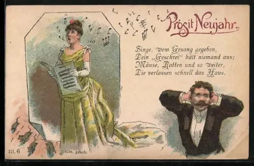 Lithographie Mann hält sich beim Gesang der Dame die Ohren zu, frauenfeindlicher Humor, früher Druck