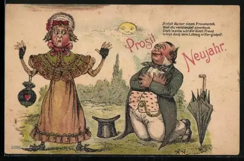 Lithographie Mann kniet vor einer älteren Frau, frauenfeindlicher Humor, früher Druck