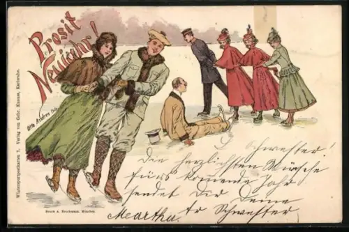 Künstler-AK sign. Otto Andir: Frauen und Männer beim Schlittschuh laufen, Prosit Neujahr