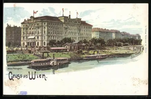 Künstler-AK Erwin Pendl: Wien, Hotel Metropolis mit Dampfern