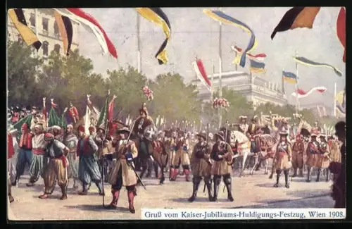 AK Wien, Festzug, Kaiserhuldigung, 1908, Fahnenschmuck