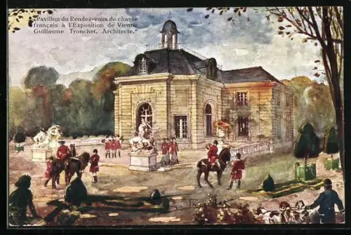 Künstler-AK Wien, I. Internationale Jagdausstellung 1910, Pavillon du Rendez-vous de chasse francais