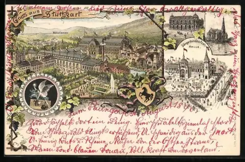 Lithographie Stuttgart, Kirche, Gebäudeansichten, Ortsansicht aus der Vogelschau