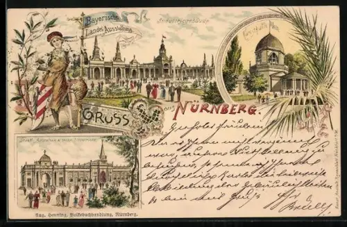 Lithographie Nürnberg, Bayrische Landes-Ausstellung, Kunsthalle, Industriegebäude, Staatl. Anstalten