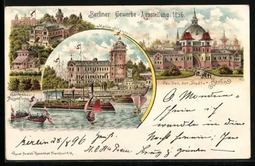 Lithographie Berlin, Berliner-Gewerbe-Ausstellung 1896, Pavillon der Stadt Berlin, Marine-Schauspiel