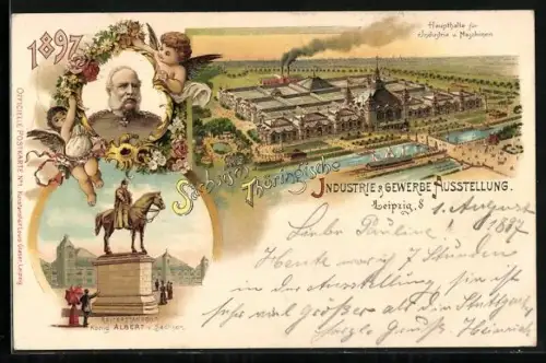 Lithographie Leipzig, Thüringische Industrie & Gewerbe Ausstellung 1897, Haupthalle & König Albert v. Sachsen