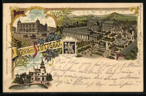 Lithographie Stuttgart, Landesgewerbemuseum, Elektrizitäts-Haus, Ausstellungsmarke