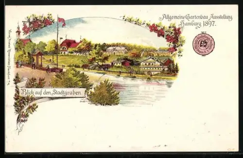 Lithographie Hamburg, Allgemeine Gartenbau-Ausstellung 1897, Pavillons am Stadtgraben