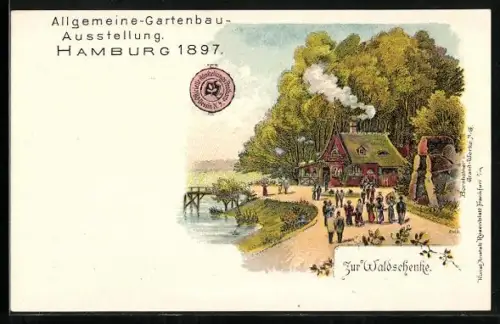 Lithographie Hamburg, Gartenbau-Ausstellung 1897, Waldschenke