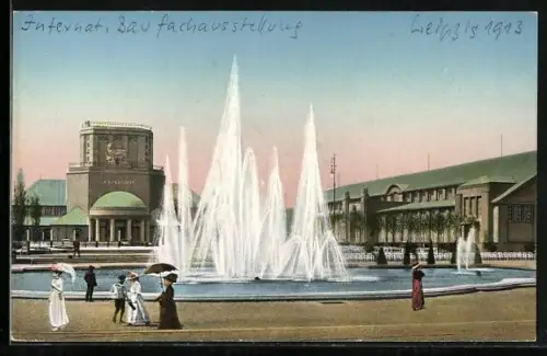 AK Leipzig, Intern. Baufachausstellung mit Sonderausstellungen 1913, Brunnen mit Fontänen
