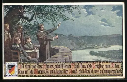 Künstler-AK Ernst Kutzer: Männer blicken auf Wachau und sprechen deutschen Schwur, Wappen