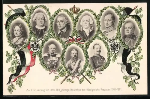 Passepartout-Lithographie Preussen, 200jähriges Bestehen des Königsreichs 1901, Portraits berühmter Preussen