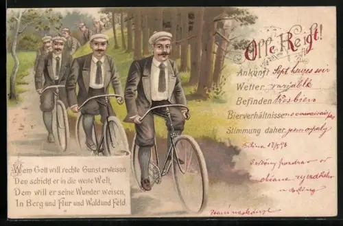 Lithographie Herrenrunde bei einer Landpartie mit dem Fahrrad