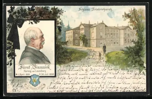Lithographie Friedrichsruh, Schloss, Porträt Bismarcks mit Lebensdaten