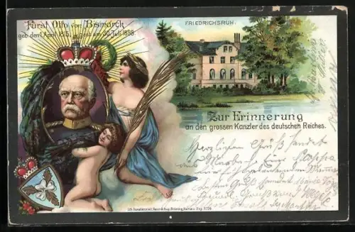 Lithographie Friedrichsruh, Porträt von Bismarck mit Wappen und Schloss