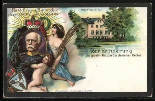 Lithographie Friedrichsruh, Porträt von Bismarck mit Wappen und Schloss