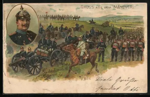 Lithographie Kaisermanöver, Infanterie und Artillerie, Kaiser Wilhelm II.