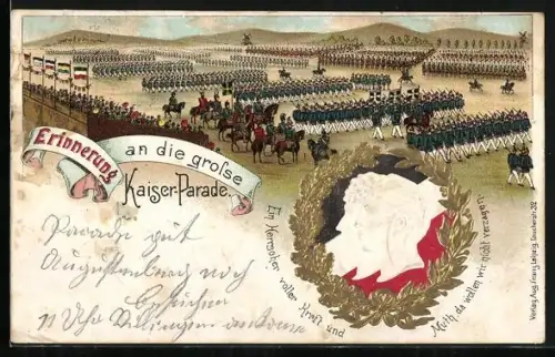 AK Erinnerung an die grosse Kaiser-Parade, Portrait des Kaiserpaares